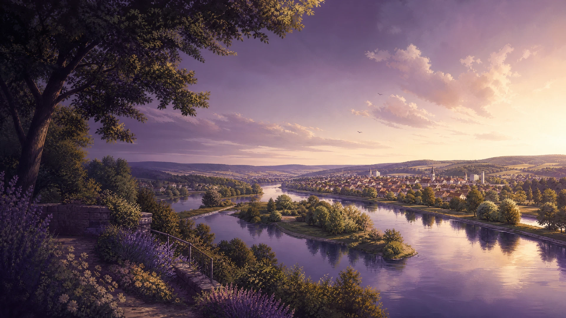 KI-generierte Ortsillustration für Bad Friedrichshall mit Wasser- und Stadtlandschaft