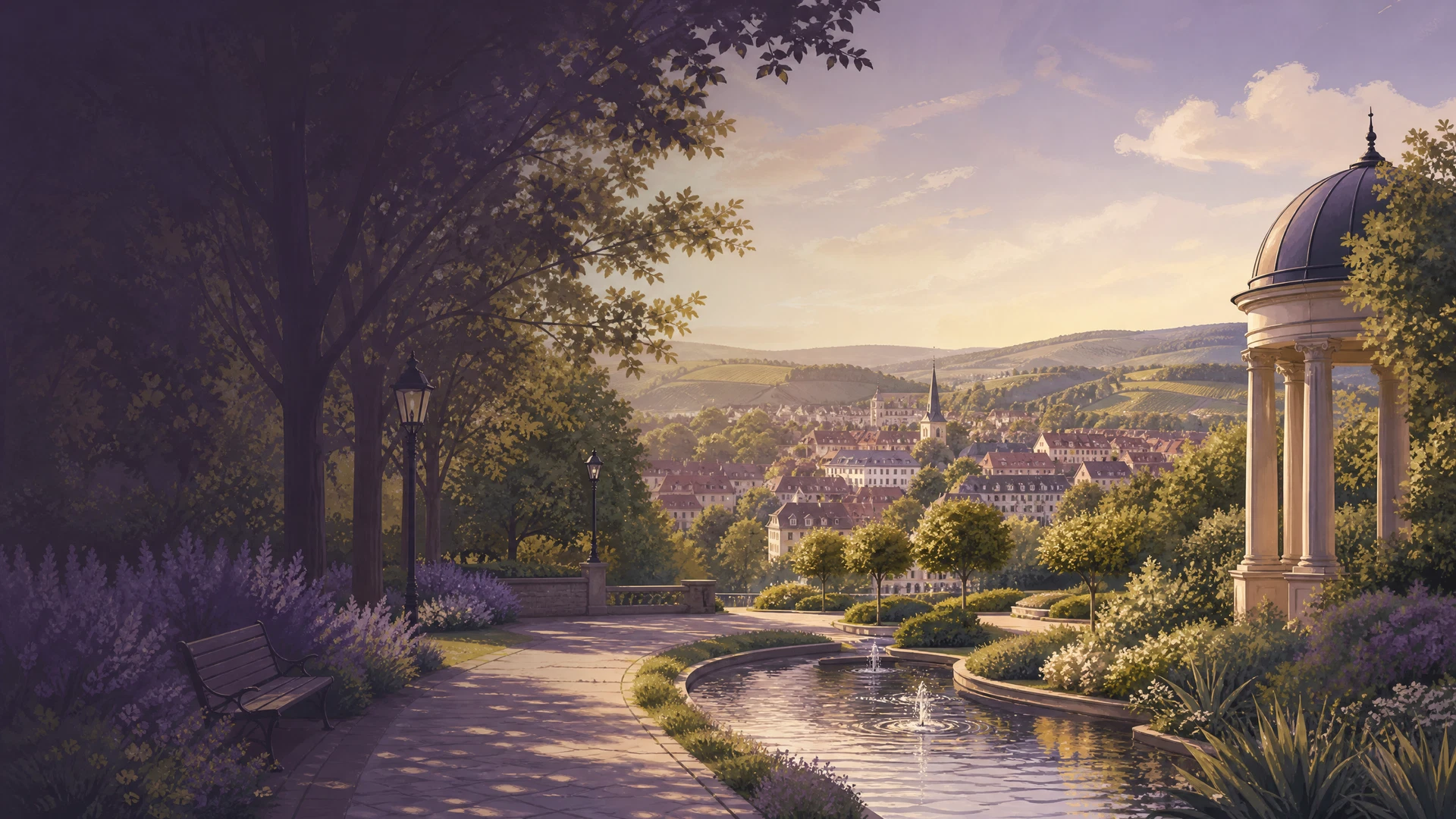 KI-generierte Ortsillustration für Bad Rappenau mit Park und sanfter Hügellandschaft