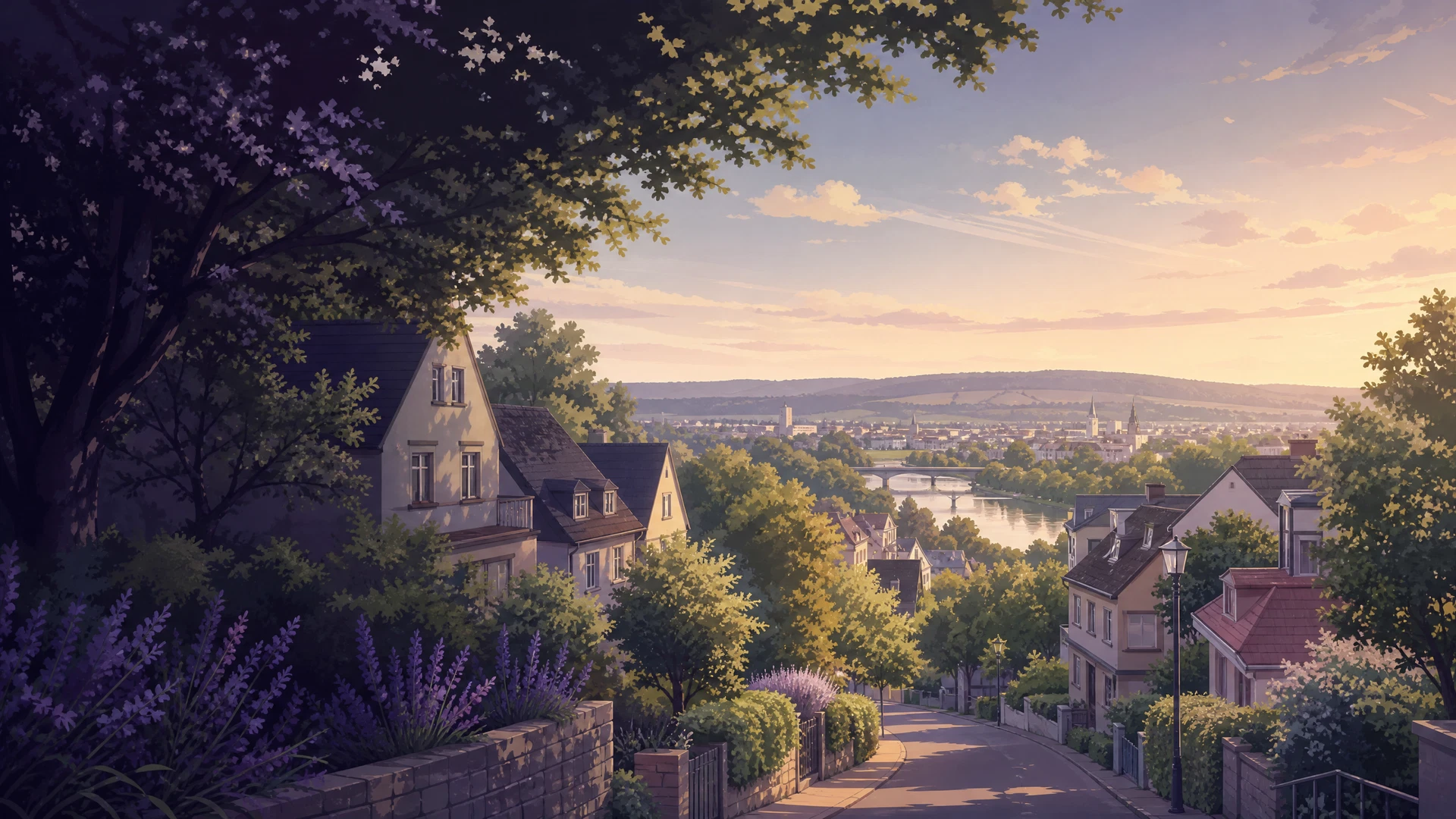 KI-generierte Ortsillustration für Böckingen mit grüner Stadtteil- und Flusslandschaft