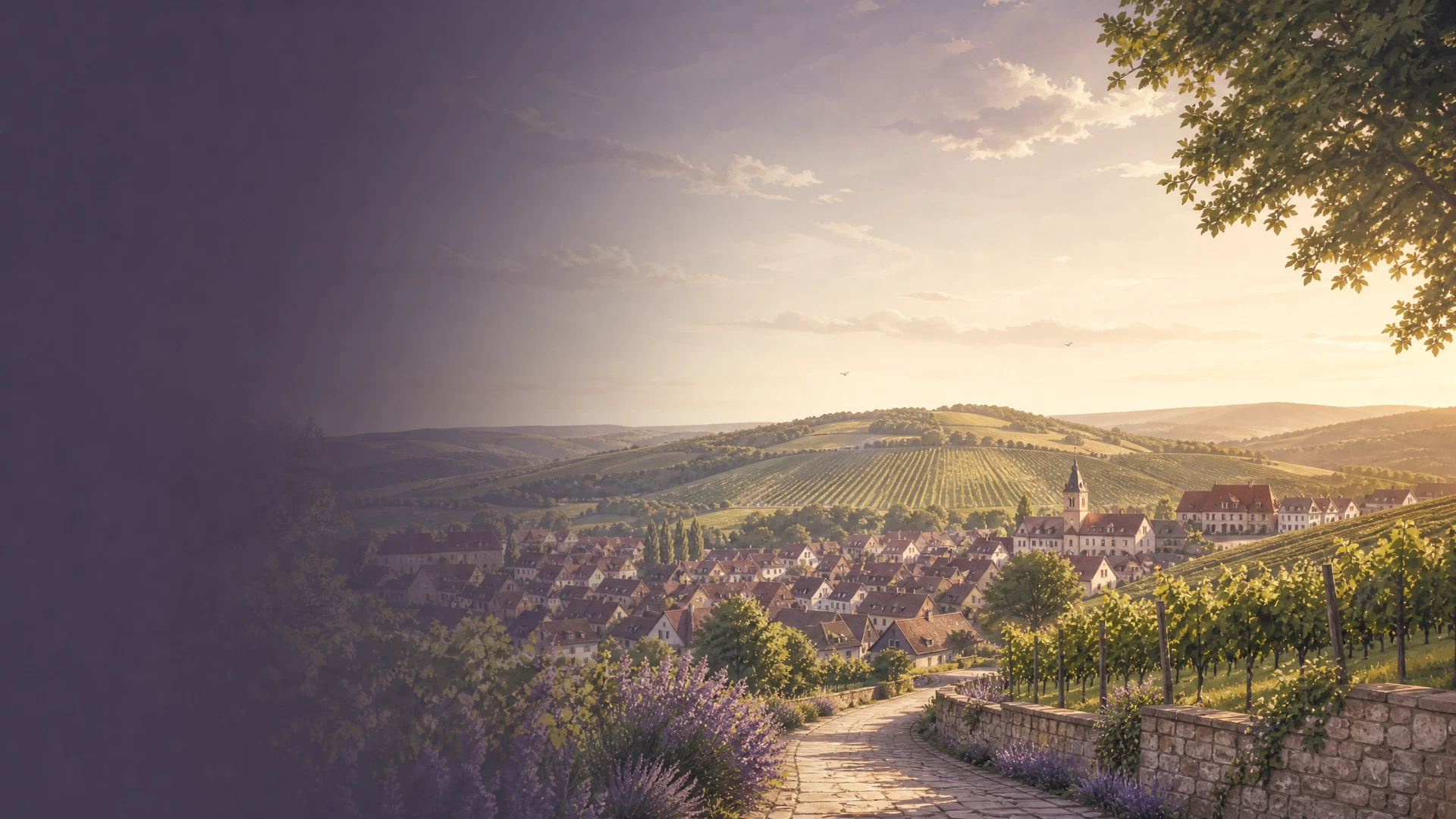KI-generierte Ortsillustration für Brackenheim mit Weinlandschaft und Stadtsilhouette