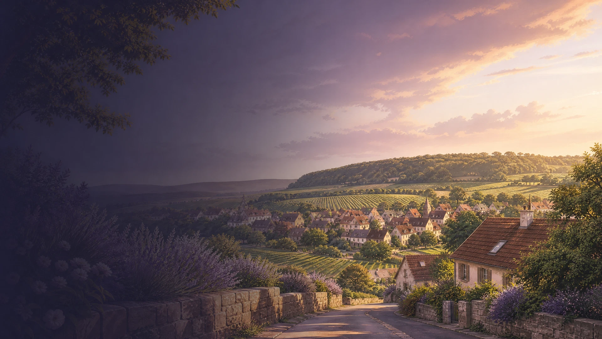 KI-generierte Ortsillustration für Cleebronn mit Weinbergen und bewaldetem Höhenzug