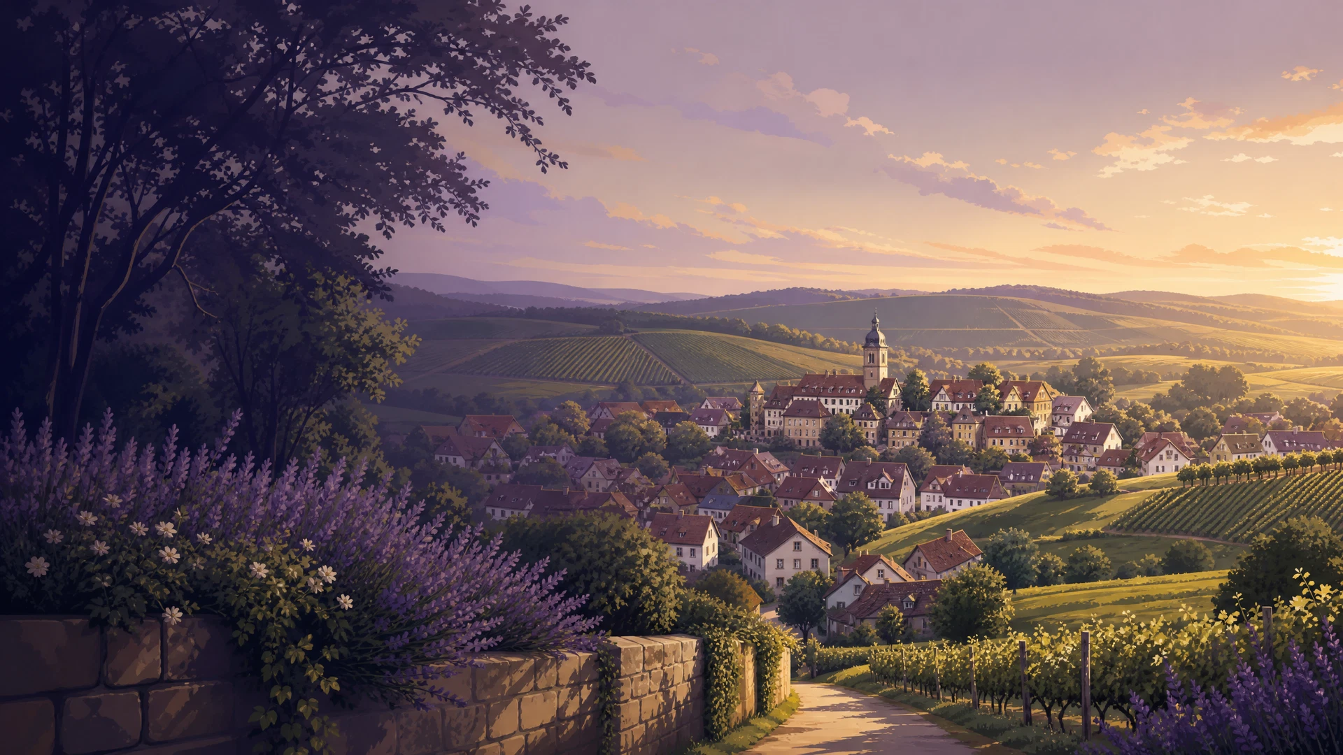 KI-generierte Ortsillustration für Gemmingen mit Kraichgau-Hügellandschaft und Ortsansicht