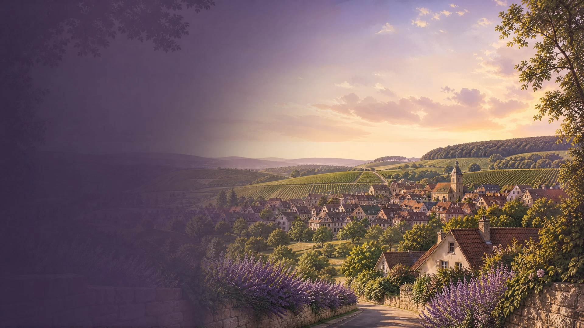 KI-generierte Ortsillustration für Güglingen mit Weinbergen und Talansicht