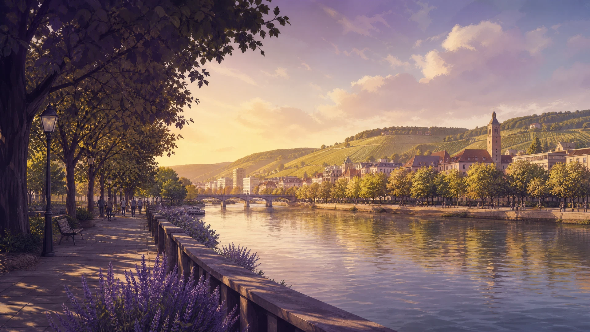 KI-generierte Ortsillustration für Heilbronn mit Fluss, Grün und urbaner Silhouette