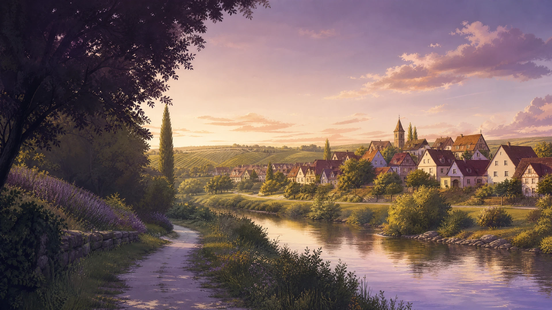 KI-generierte Ortsillustration für Heilbronn-Horkheim mit Feld- und Flusslandschaft