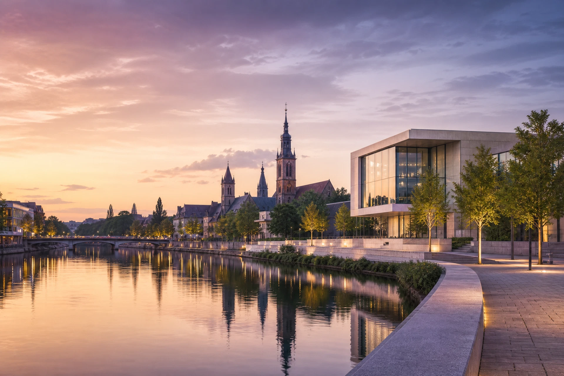 Illustrative Heilbronner Fluss- und Stadtszene