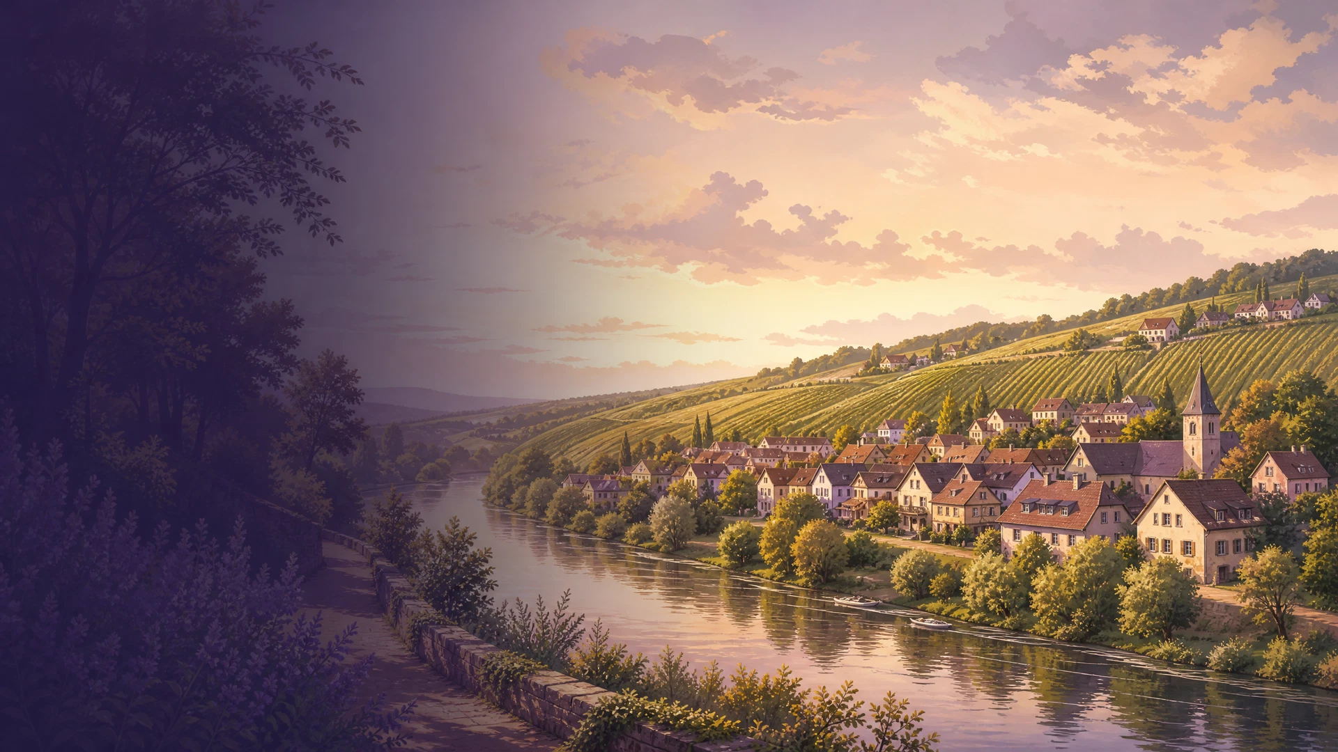 KI-generierte Ortsillustration für Kirchheim am Neckar mit Tal- und Weinlandschaft