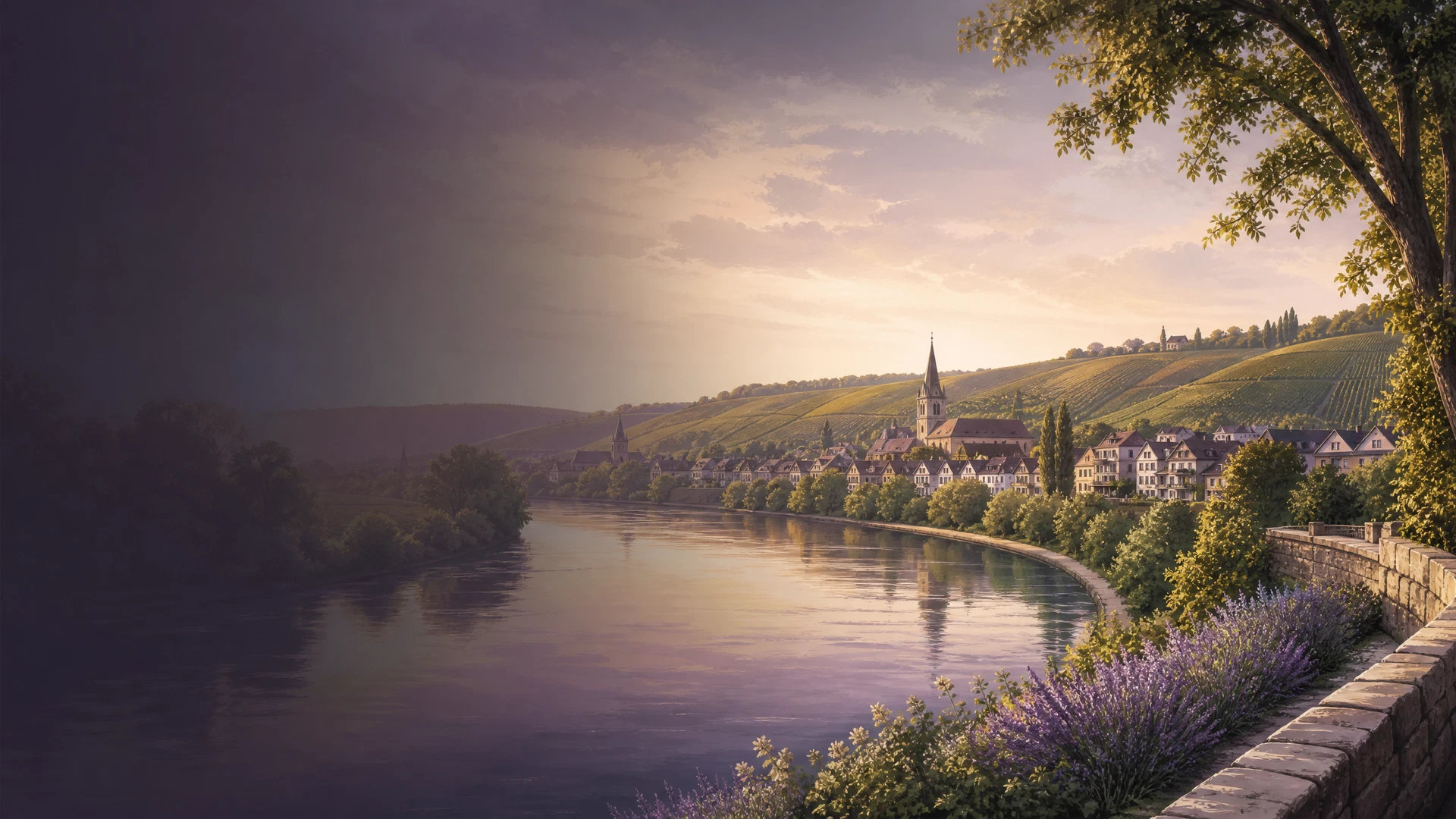 KI-generierte Ortsillustration für Lauffen am Neckar mit Fluss- und Weinlandschaft