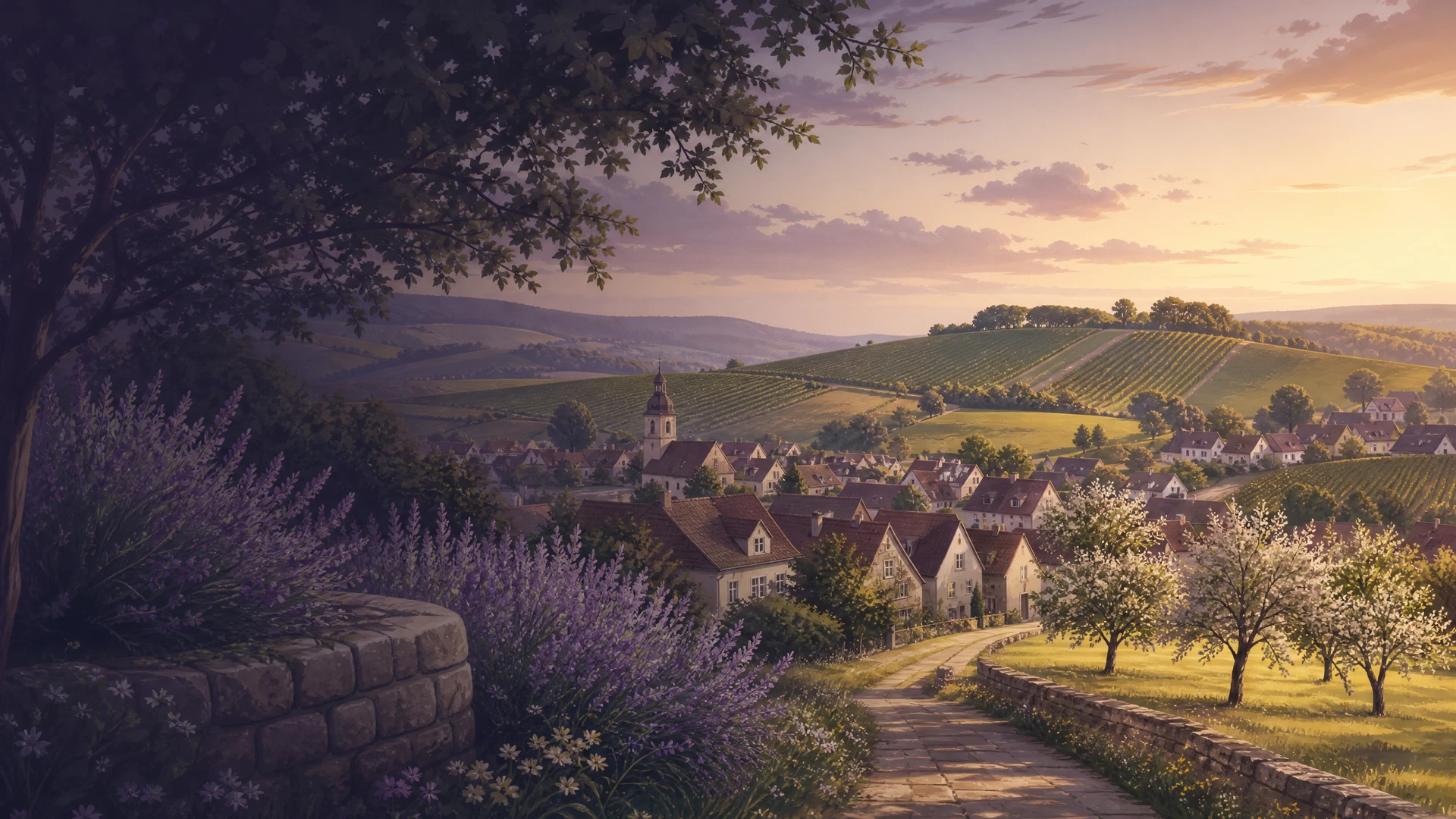KI-generierte Ortsillustration für Massenbach mit Heuchelberg-Landschaft und Dorfkern