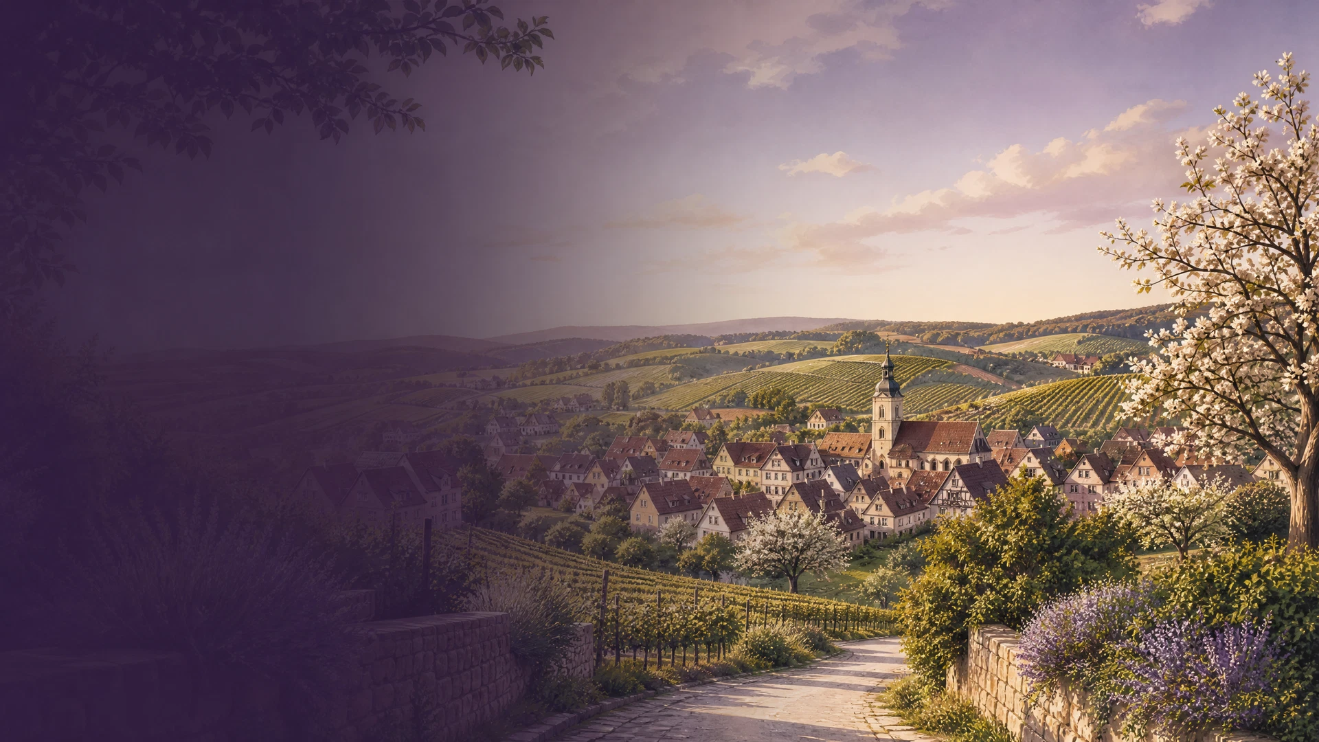 KI-generierte Ortsillustration für Meimsheim mit Dorfkern und Weinbergen