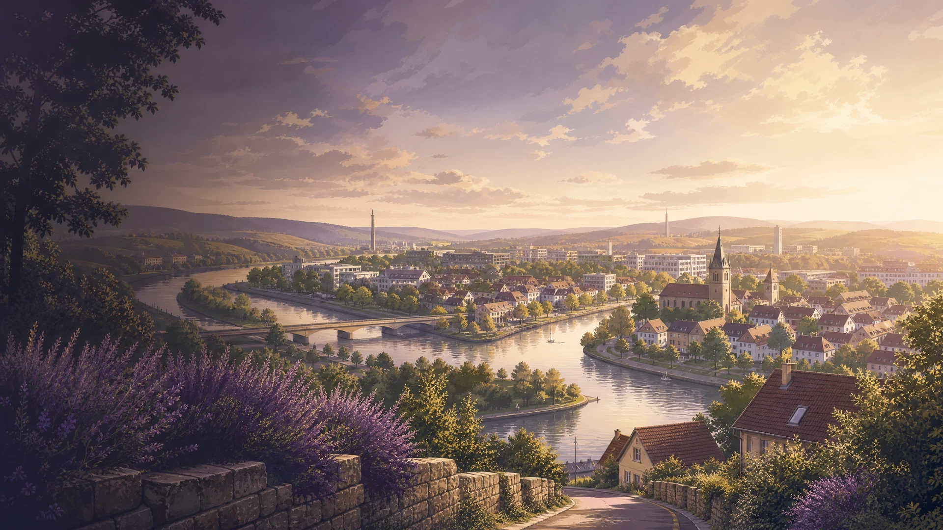 KI-generierte Ortsillustration für Neckarsulm mit Stadt-, Grün- und Flusslandschaft
