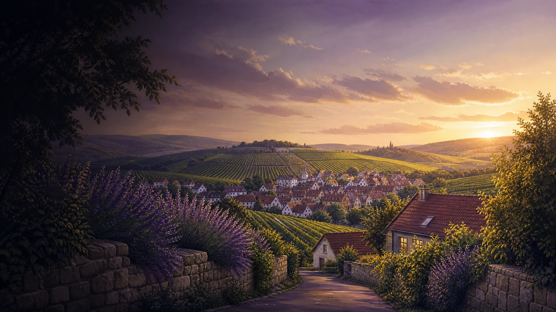 KI-generierte Ortsillustration für Nordheim mit Weinbergen und Dorfansicht