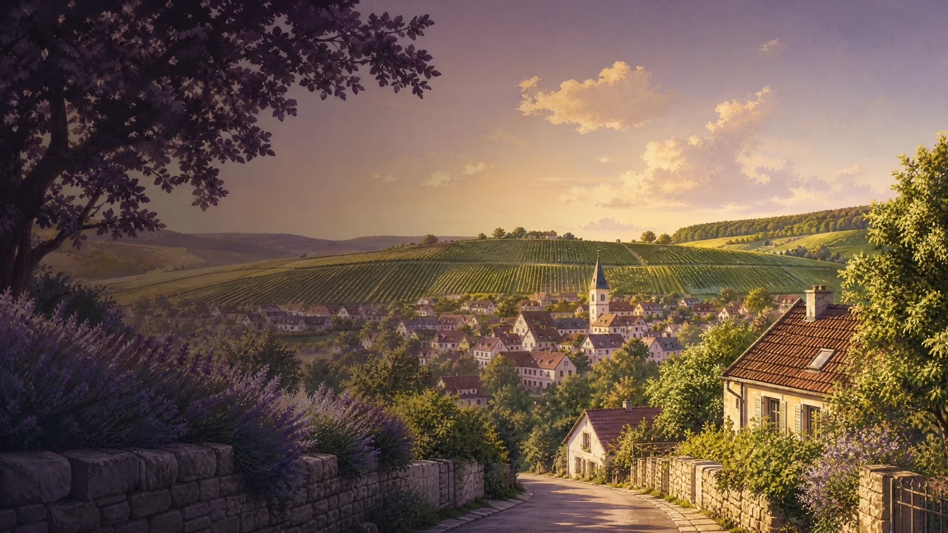 KI-generierte Ortsillustration für Schwaigern mit Weinbergen und Heuchelberg-Landschaft