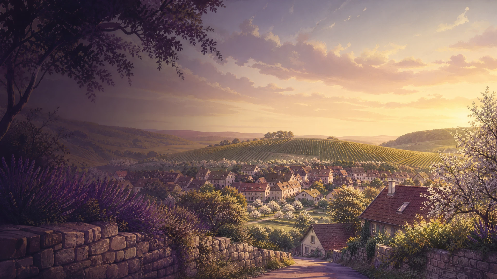 KI-generierte Ortsillustration für Talheim mit Weinbergen und Talansicht