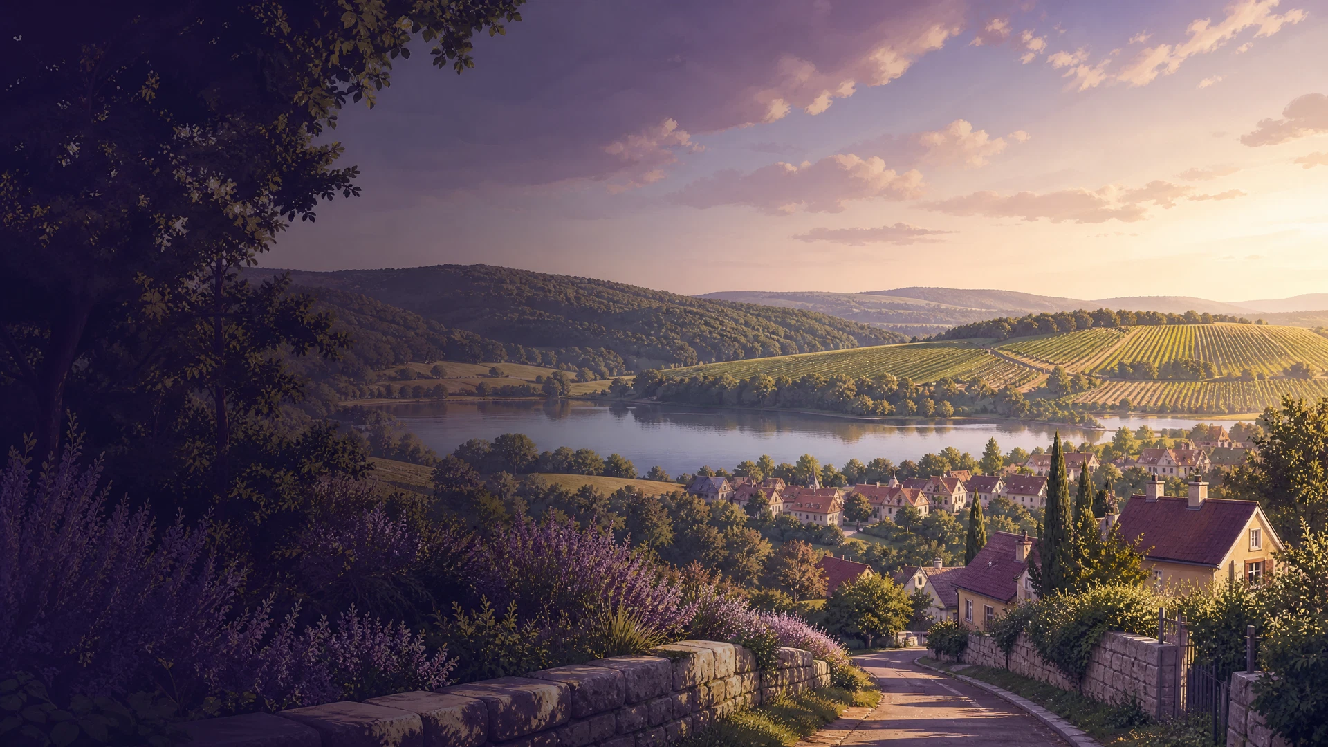 KI-generierte Ortsillustration für Zaberfeld mit See, Wald und Hügellandschaft